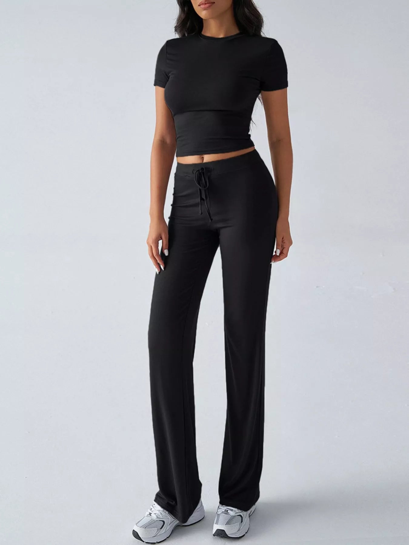 Mock Neck Cropped Top and Drawstring Flared Pants Set | JLouren