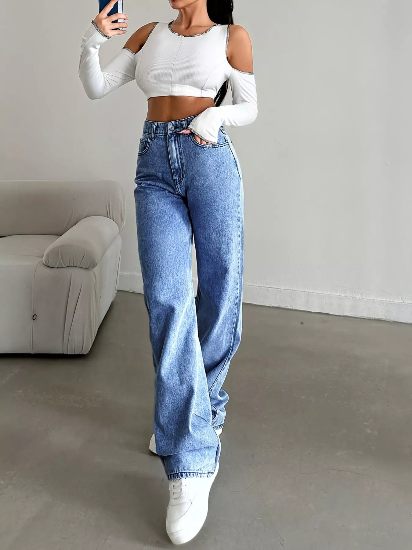 High Waist Wide Leg Blue Denim Jeans for Women