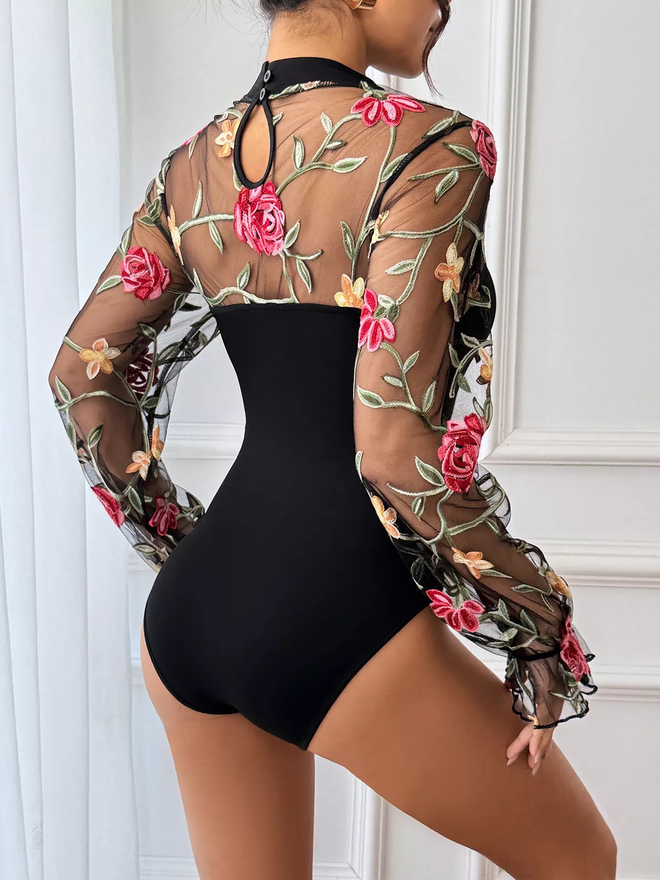 Floral Embroidered Mesh Black Long Sleeve Bodysuit |Jlouren