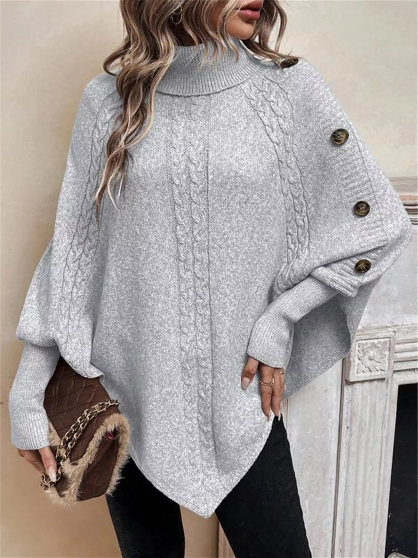 Grey Women’s Cable Knit Cape Turtleneck Sweater / Jlouren 