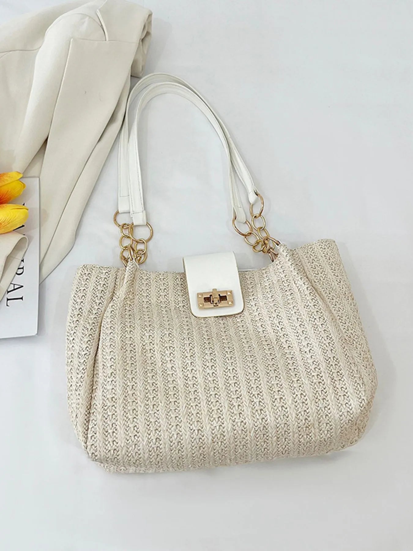 Medium woven straw tote bag with PU leather strap