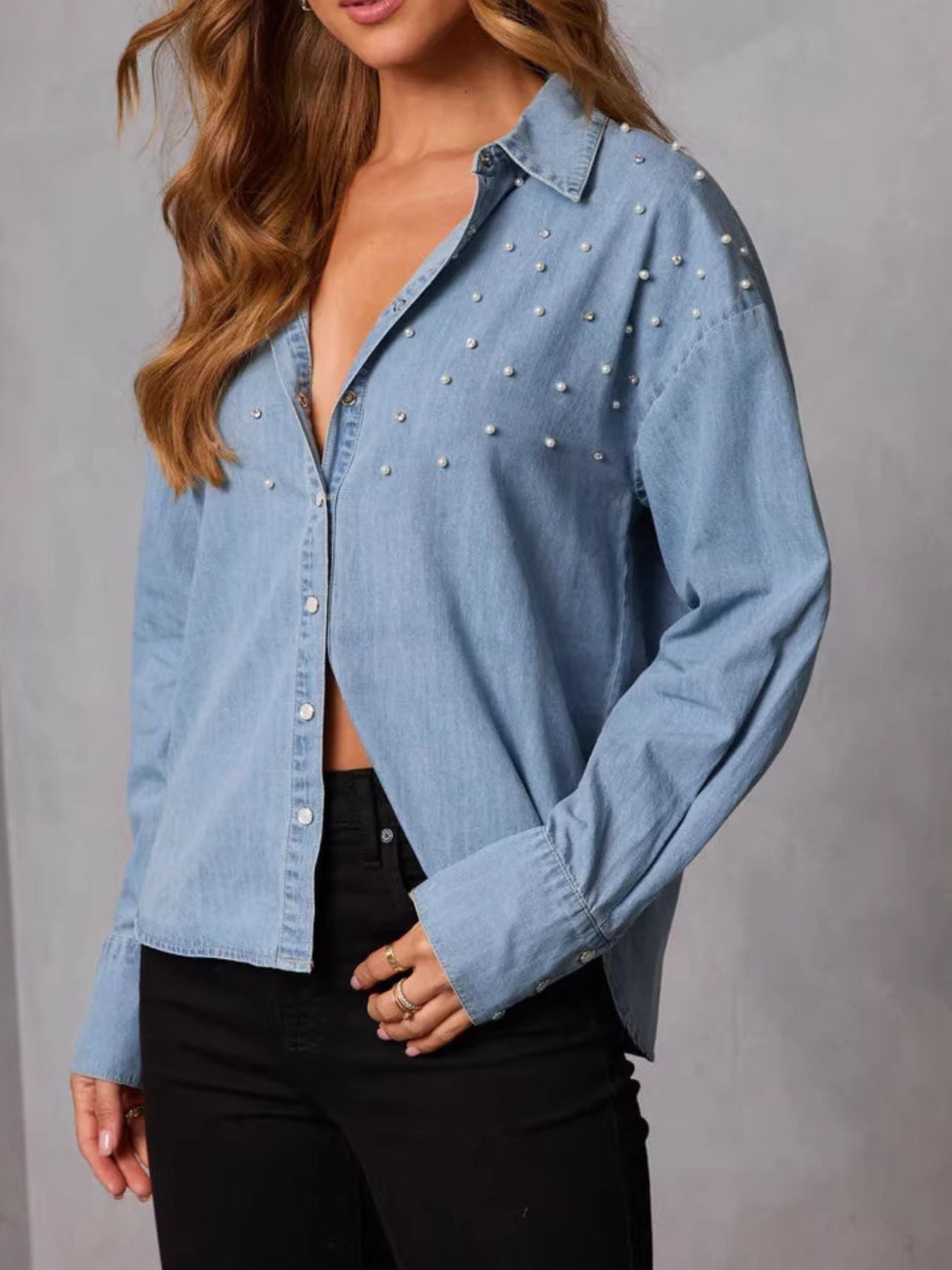 Pearl Embellished Button-Up Denim Shirt – Chic Statement Denim Top for Women | JLouren