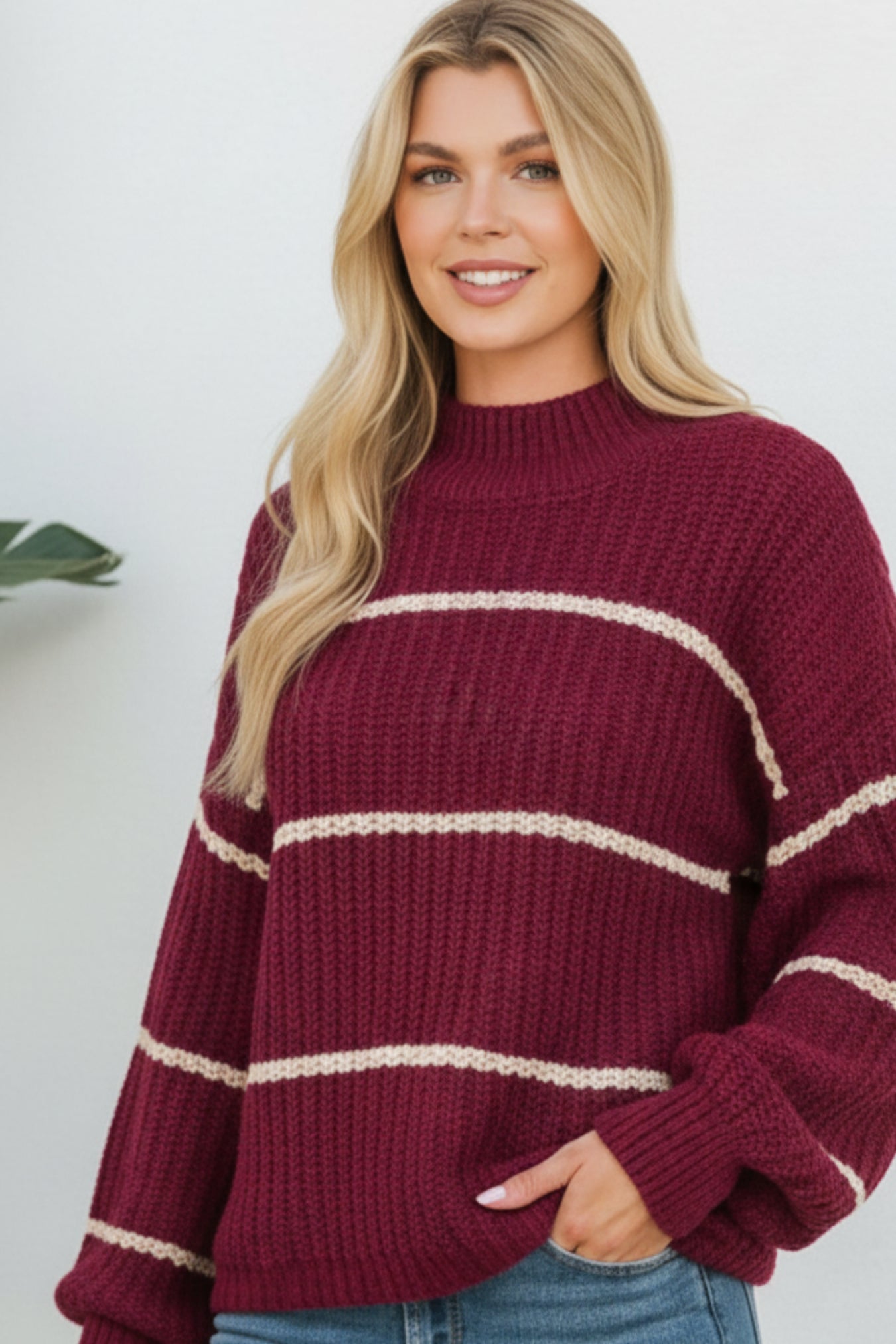 Women's Cabernet Mock Neck Textured Knit Sweater – Relaxed Balloon Sleeve Cozy Pullover