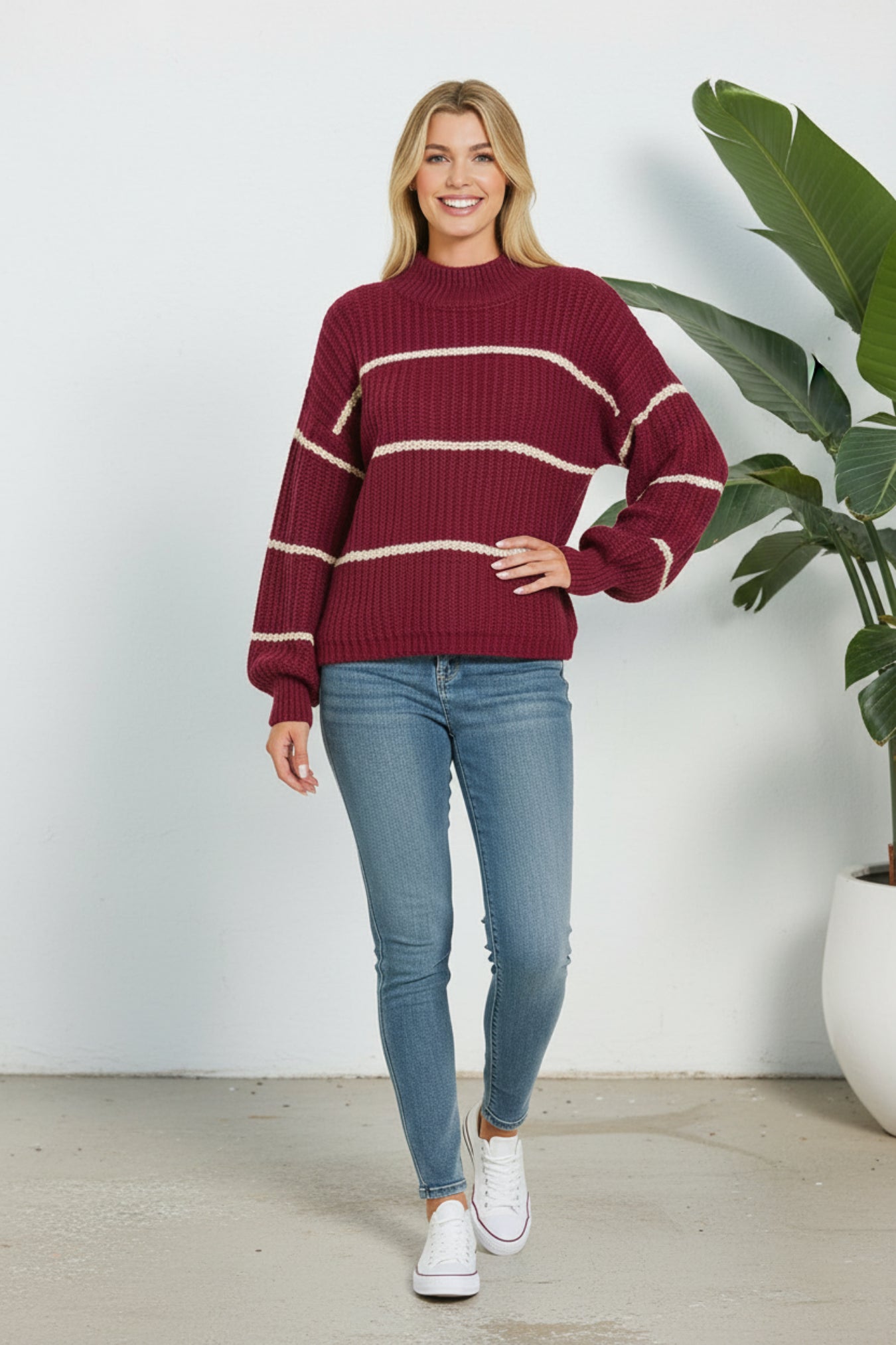 Women's Cabernet Mock Neck Textured Knit Sweater – Relaxed Balloon Sleeve Cozy Pullover