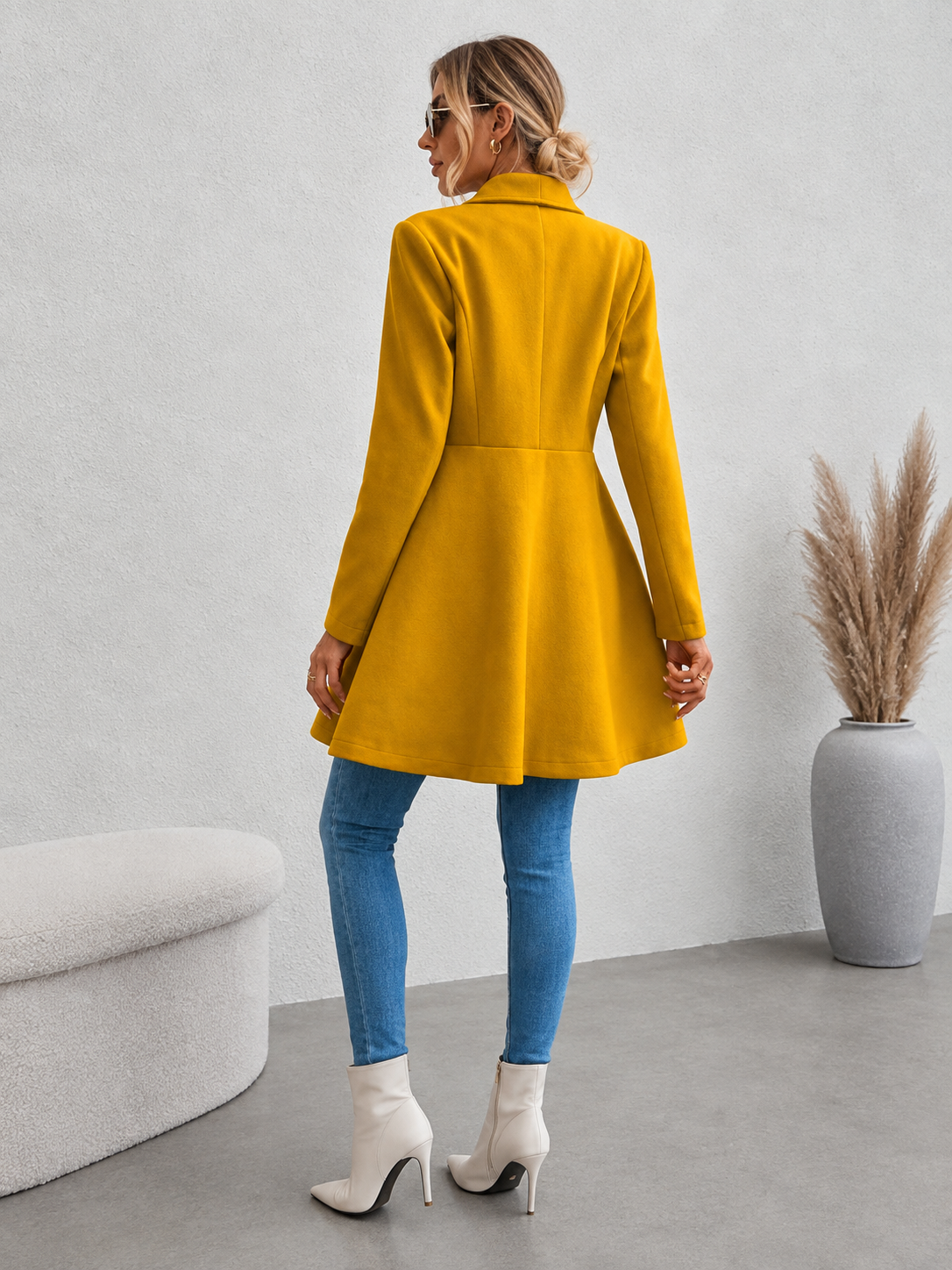 Women's Double-Breasted Fit & Flare Coat - Mustard