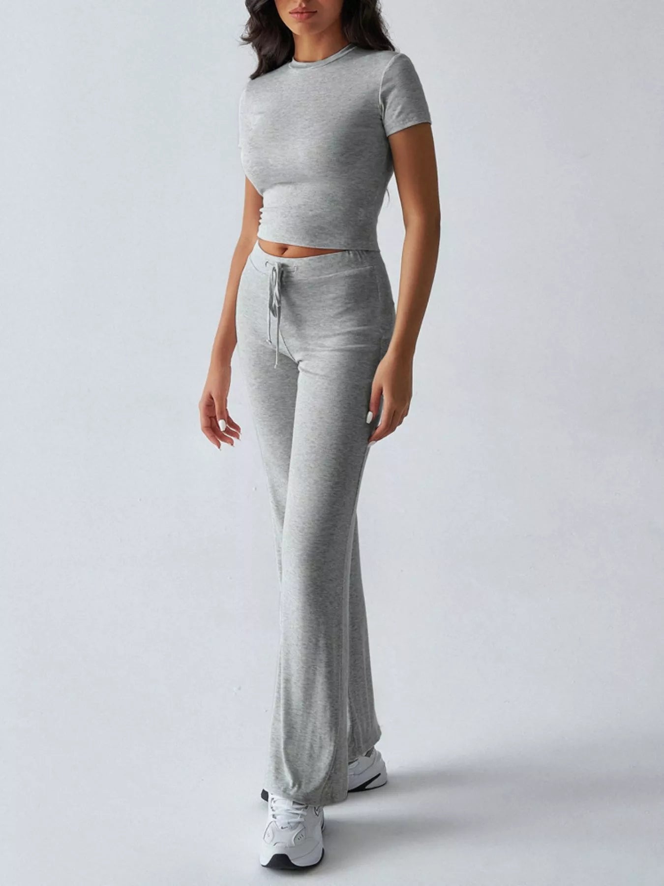 Mock Neck Cropped Top and Drawstring Flared Pants Set | JLouren