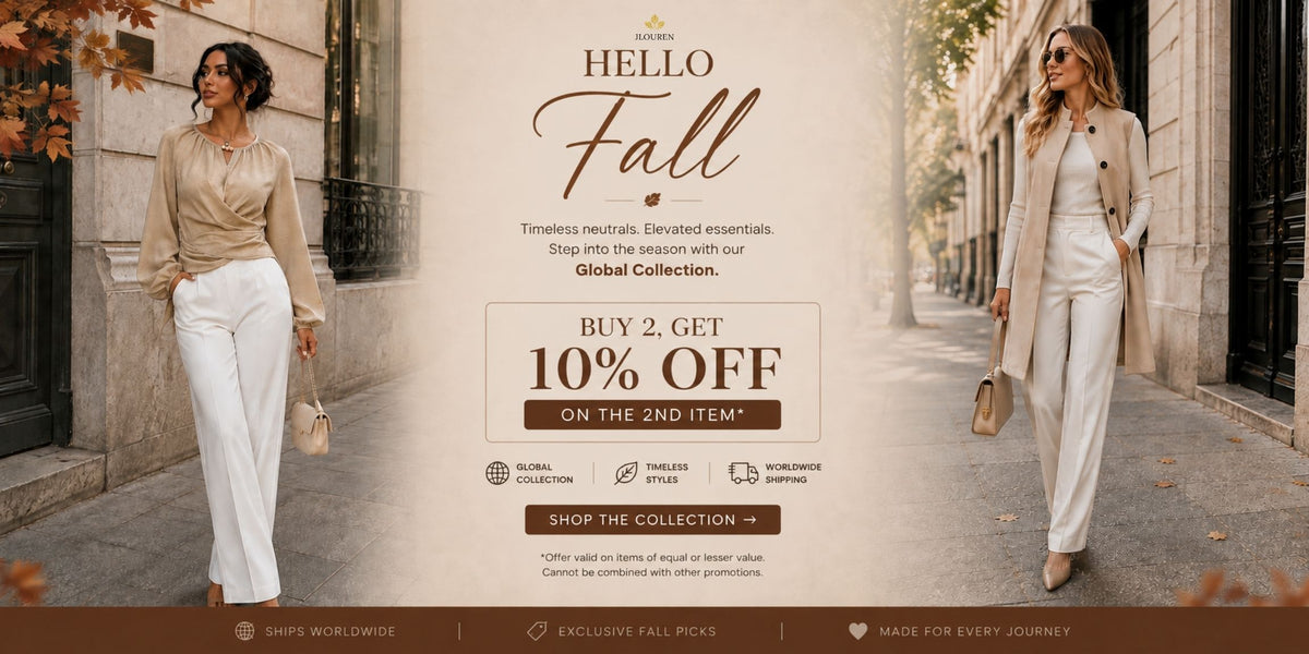 Promotional banner for the Fall Collection showing two women walking down a city street, one on the left in a beige blouse and white pants, and one on the right in a beige blazer and white pants. The center features text reading 'HELLO Fall' and a sale offer.