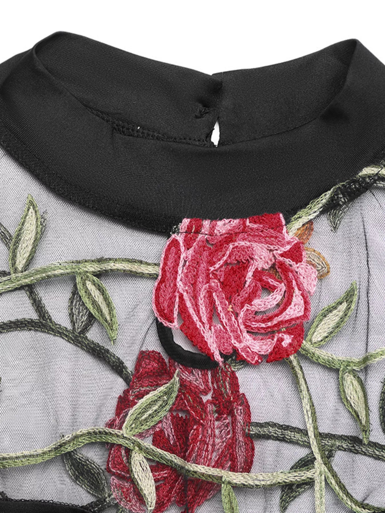 Floral Embroidered Mesh Black Long Sleeve Bodysuit |Jlouren