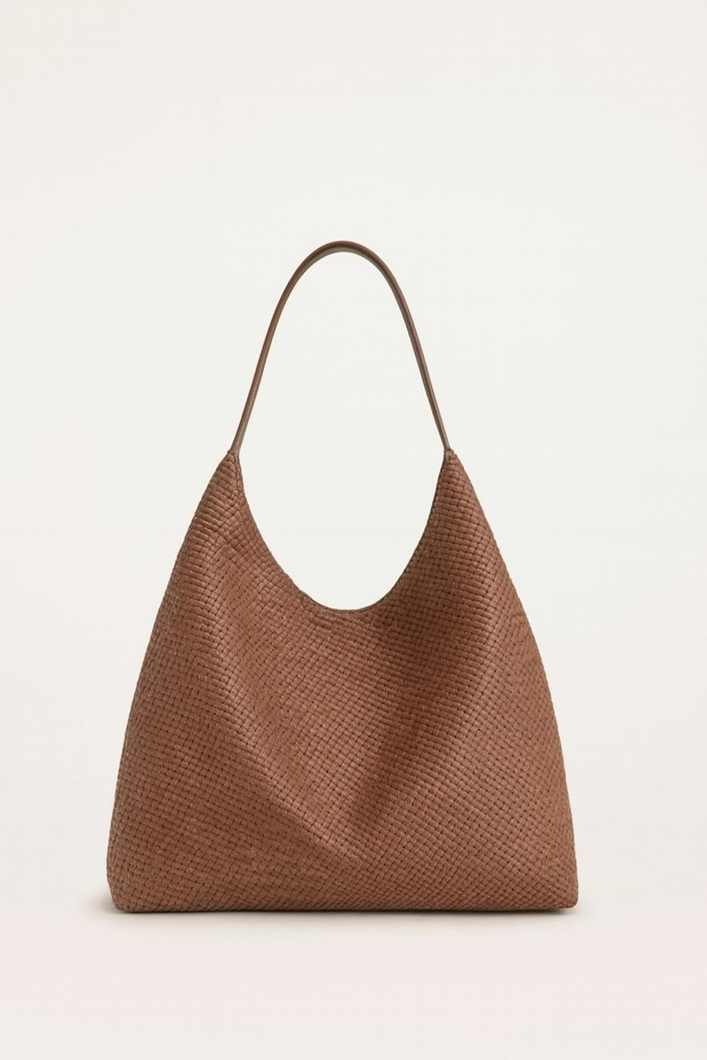 Brown woven tote bag with curved handle, size actual height 12 inches
