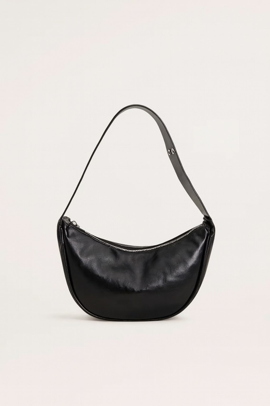 Black crescent shoulder bag with adjustable strap, glossy leather, size actual height 8 inches