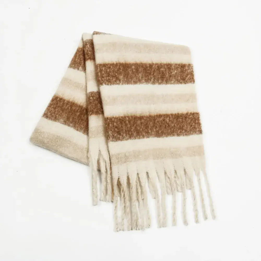 Fringe Contrast Striped Polyester Scarf  Cream - JLouren
