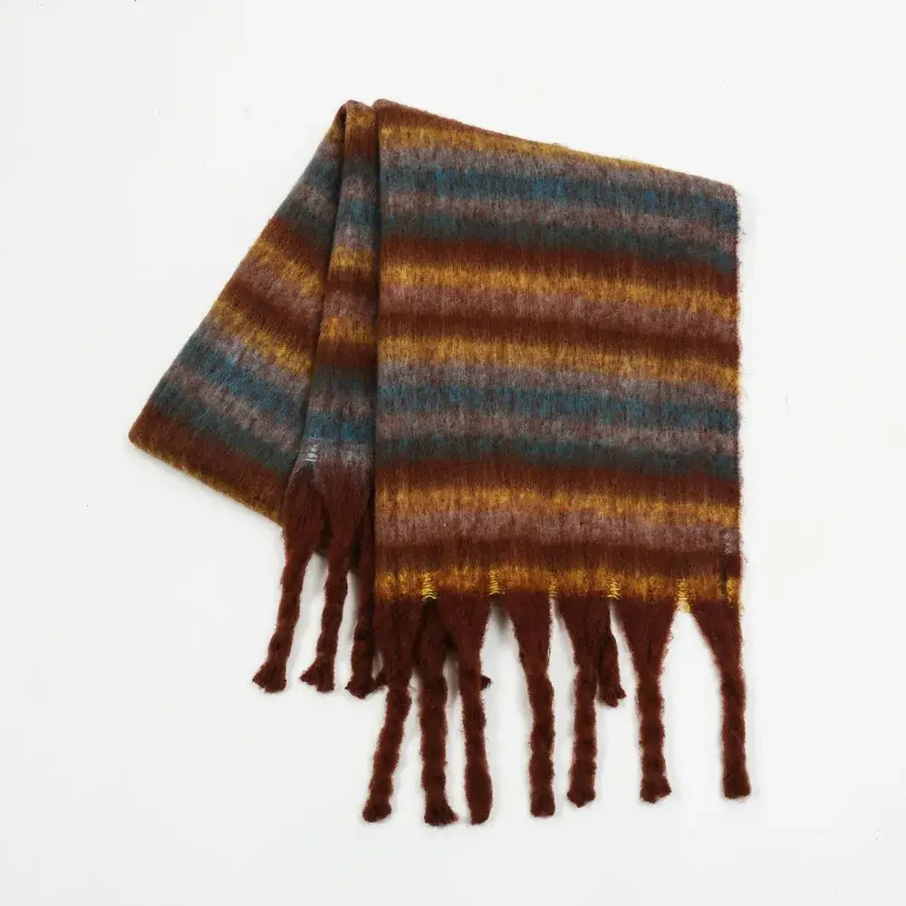 Fringe Contrast Striped Polyester Scarf - JLouren Dark Brown