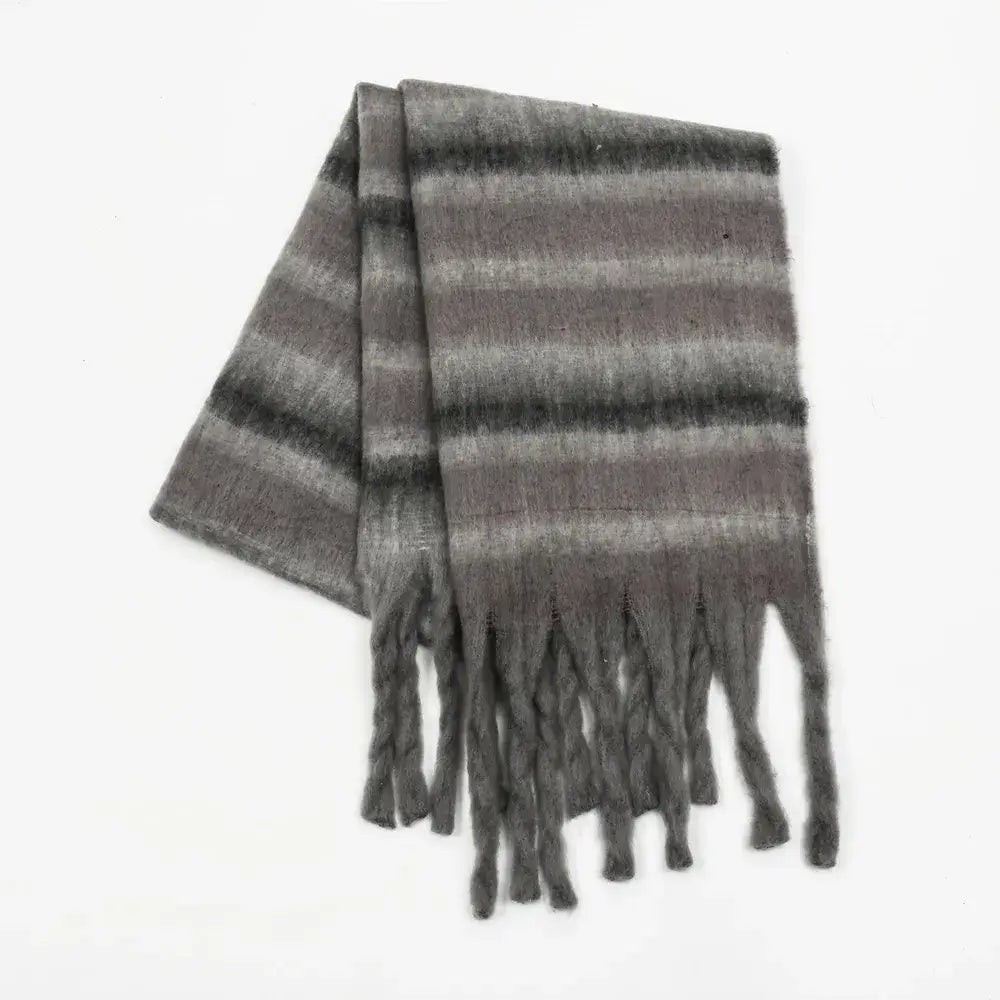 Fringe Contrast Striped Polyester Scarf - JLouren Dark Grey