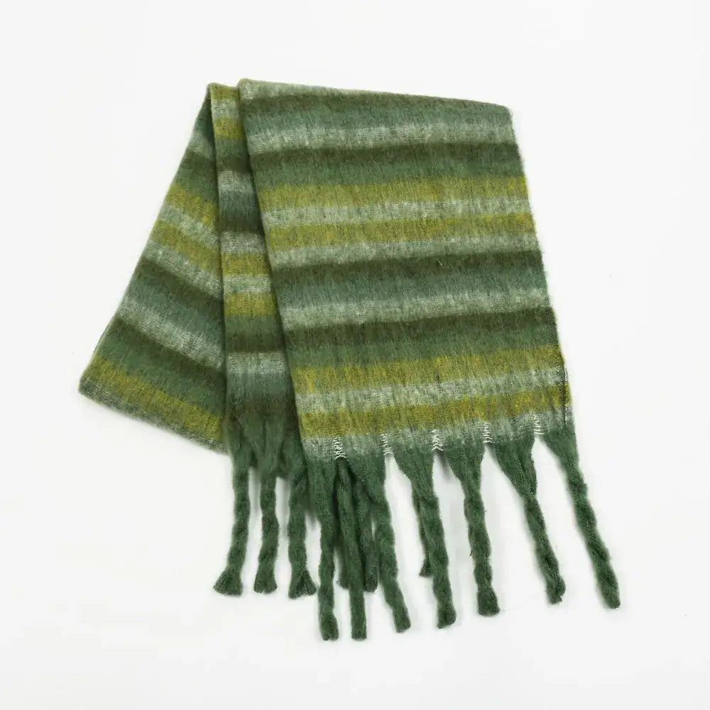 Fringe Contrast Striped Polyester Scarf - JLouren Dark Green