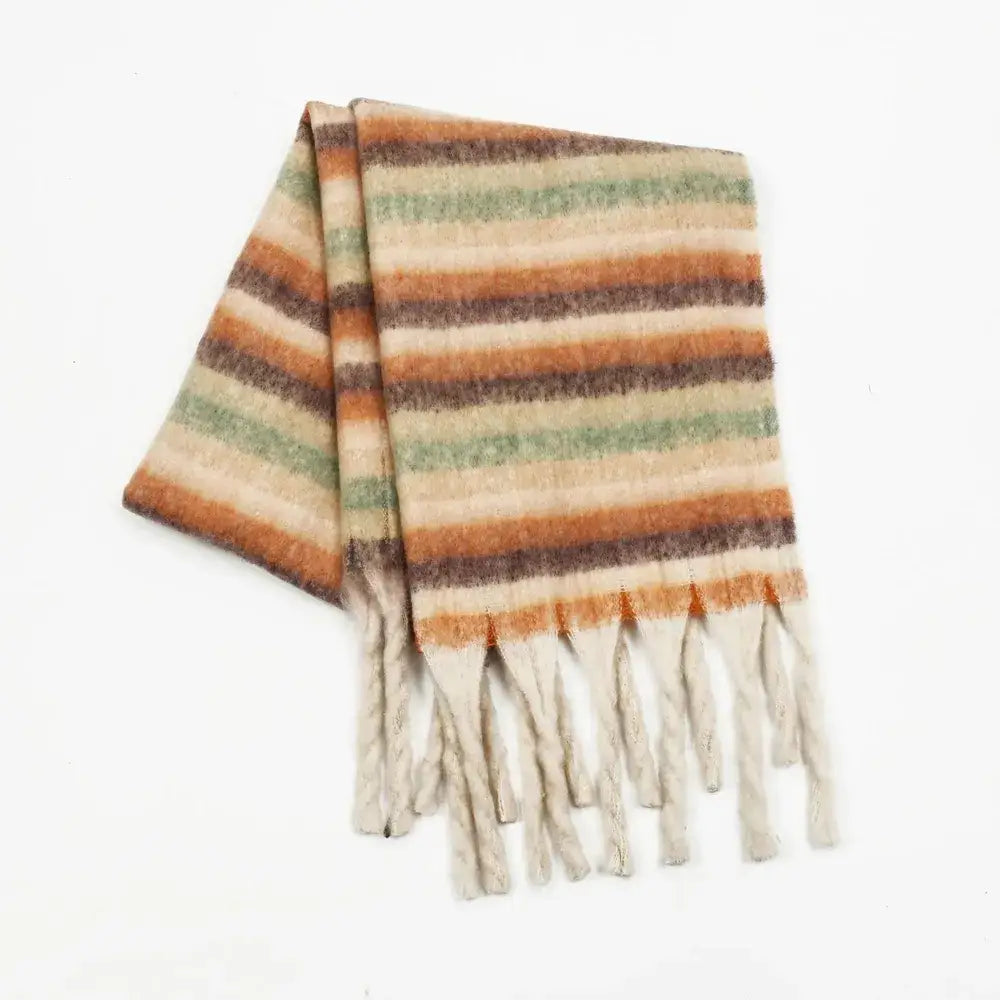 Fringe Contrast Striped Polyester Scarf - JLouren Tan