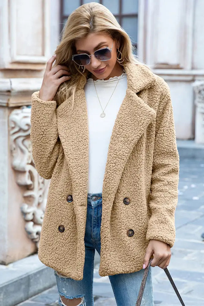 Khaki Full-Size Plush Sherpa Coat with Lapel Collar – Cozy Winter Essential | Jlouren
