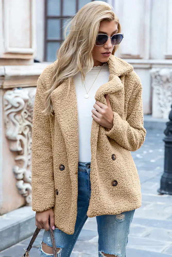 Khaki Full-Size Plush Sherpa Coat with Lapel Collar – Cozy Winter Essential | Jlouren