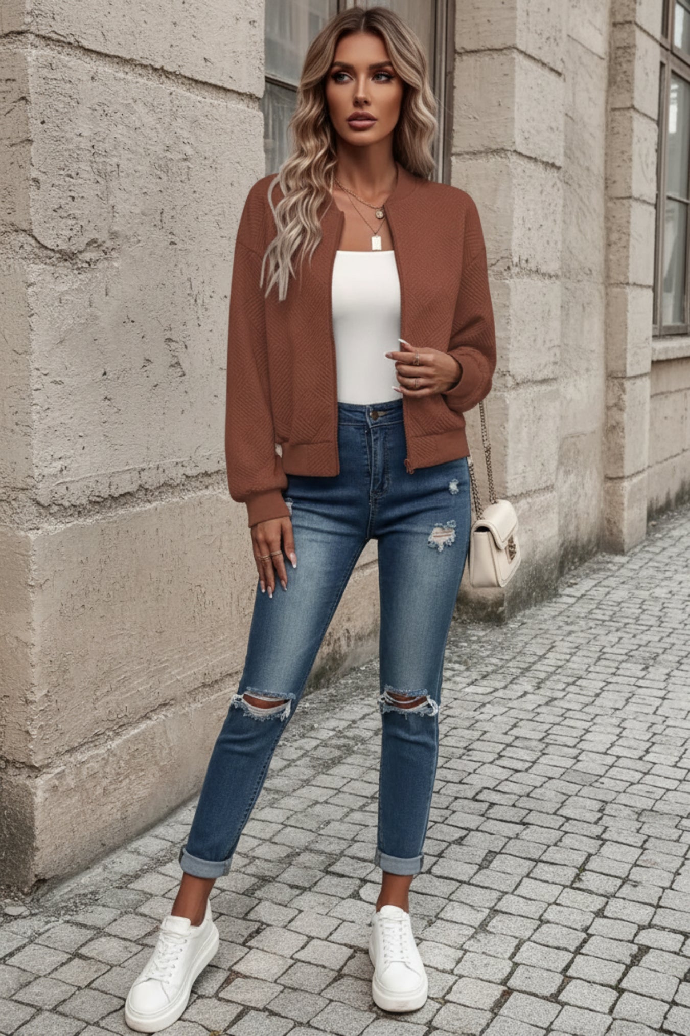 Full-Size Zip-Up Textured Casual Jacket for Women