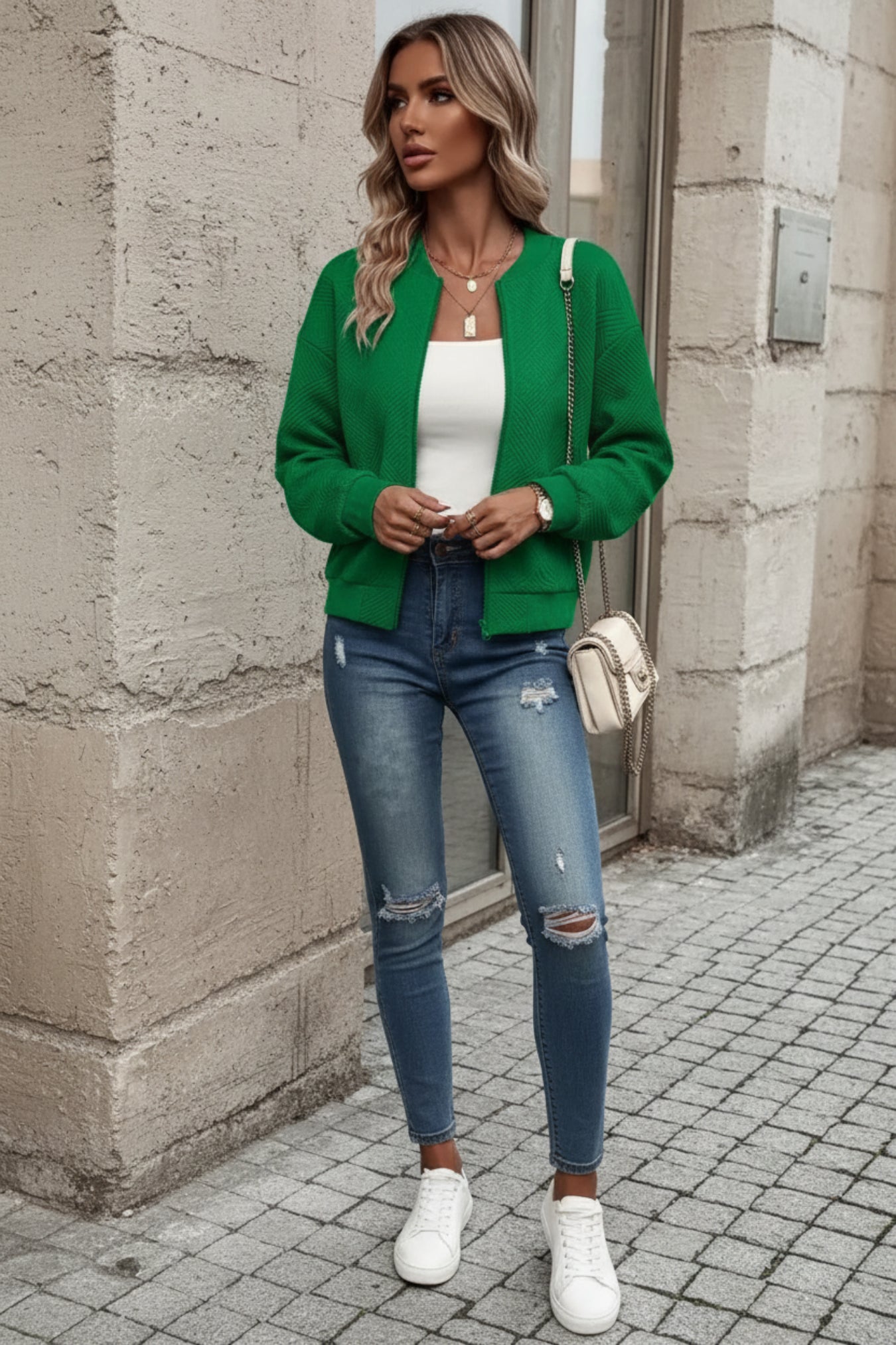 Full-Size Zip-Up Textured Casual Jacket for Women