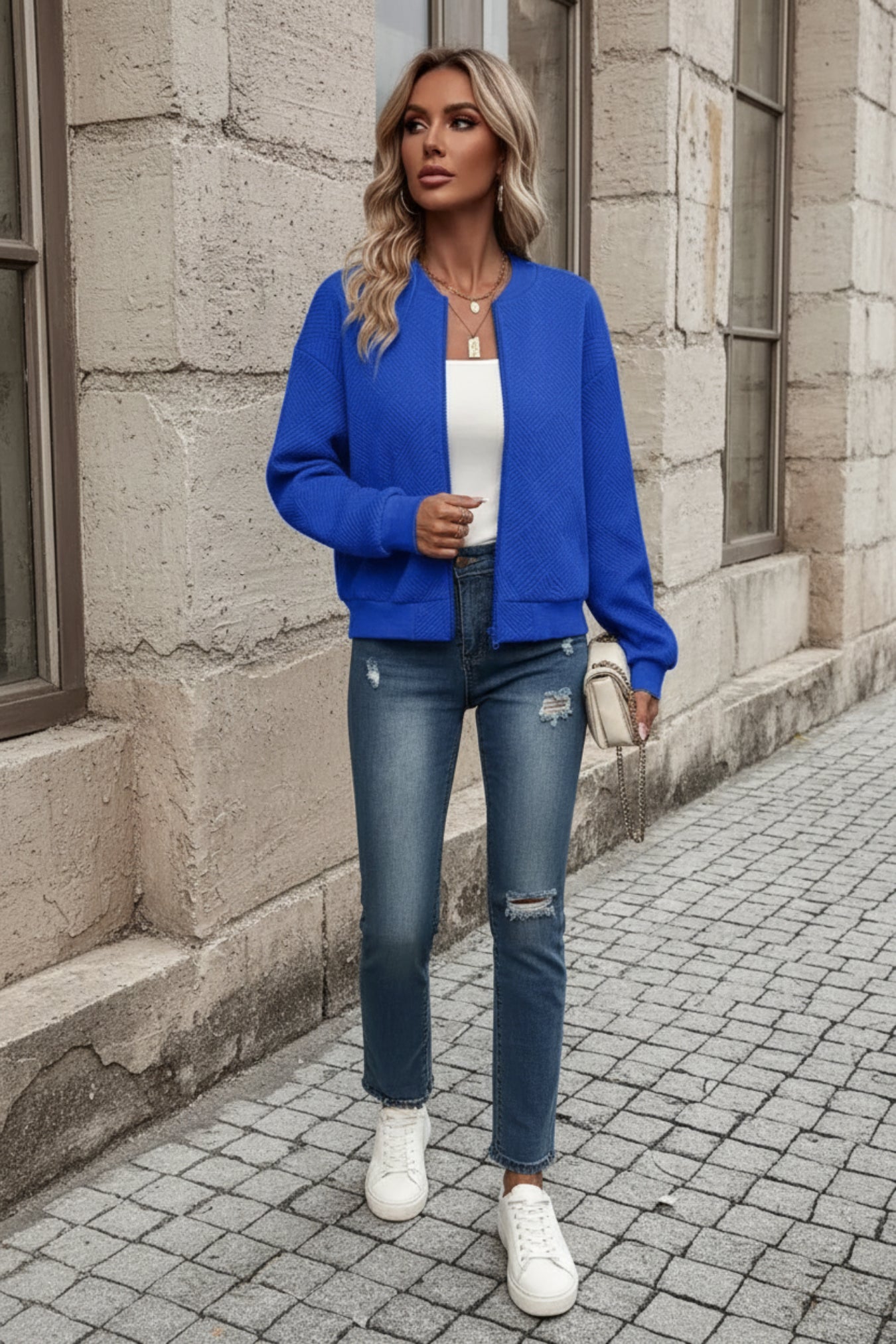Full-Size Zip-Up Textured Casual Jacket for Women