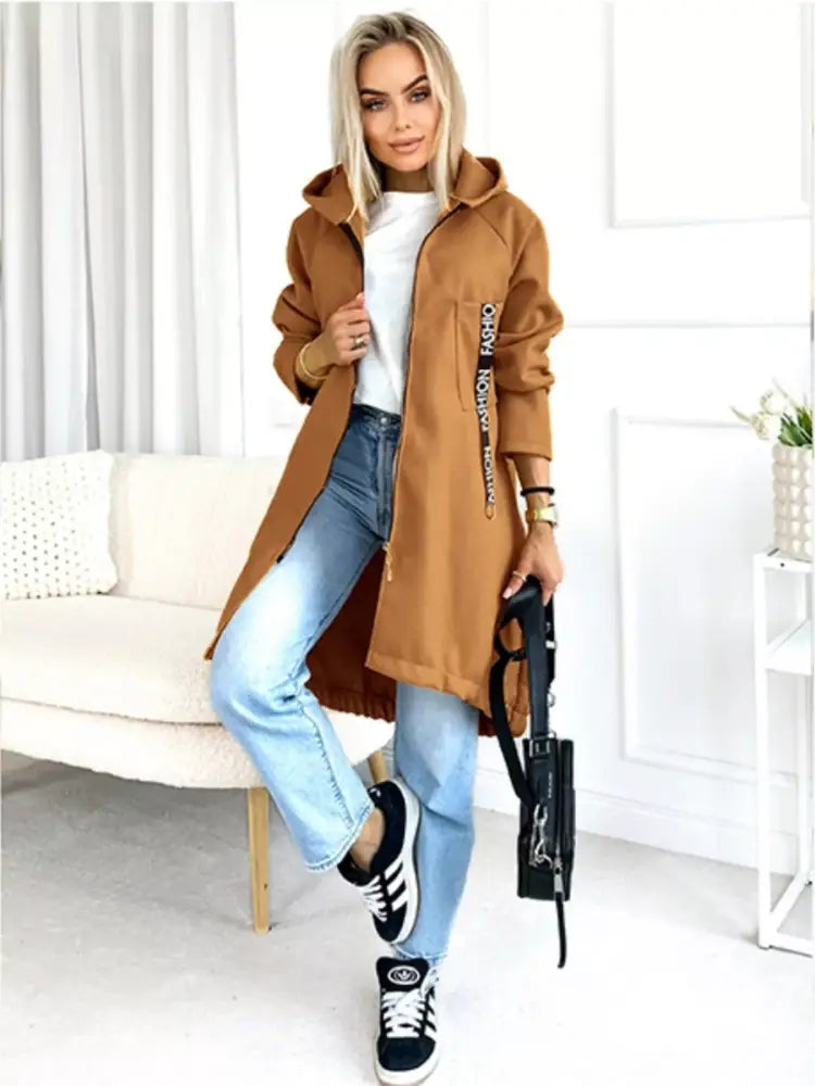 Plus Size Zip Up Hooded Long Coat Women | Jlouren