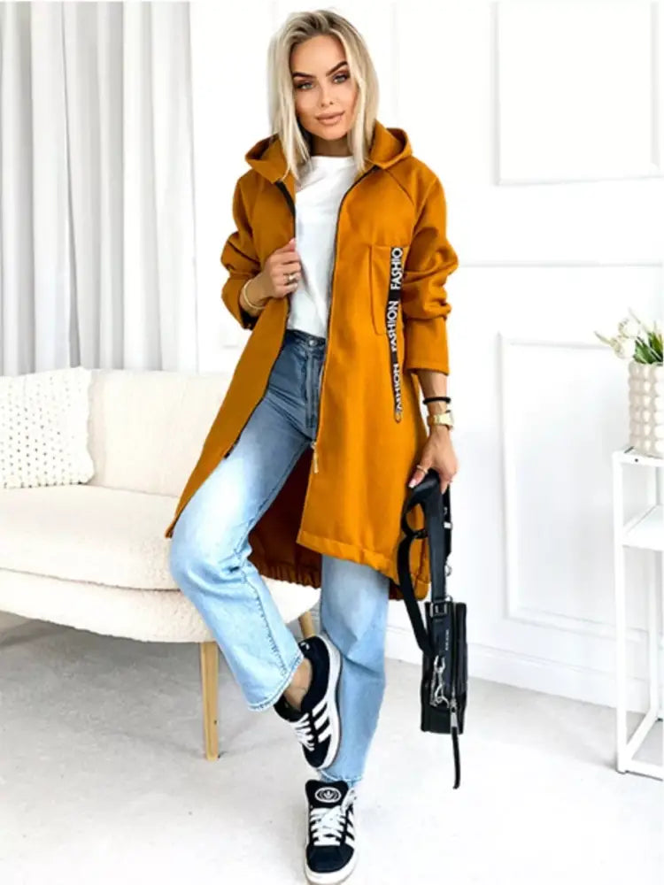 Plus Size Zip Up Hooded Long Coat Women | Jlouren