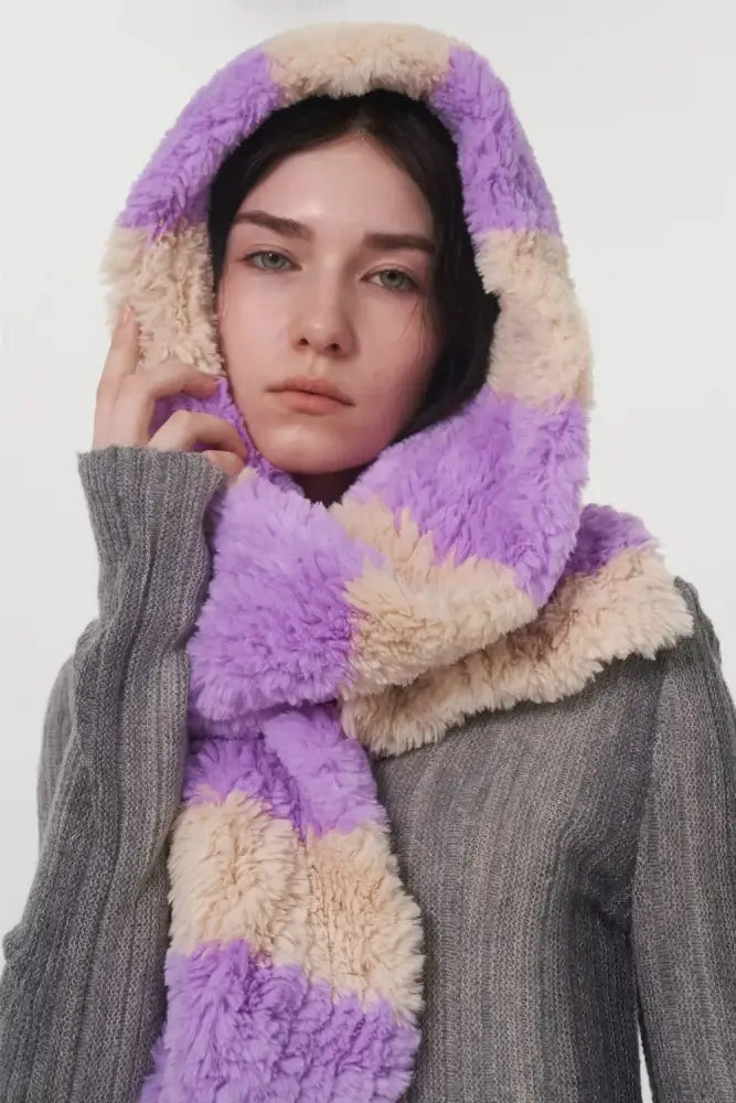 Violet Fuzzy Contrast Striped Scarf  - JLouren