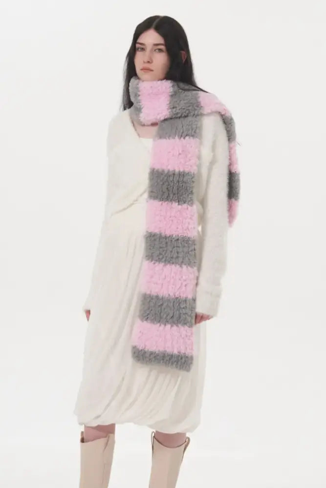 Pink Fuzzy Contrast Striped Scarf  - JLouren