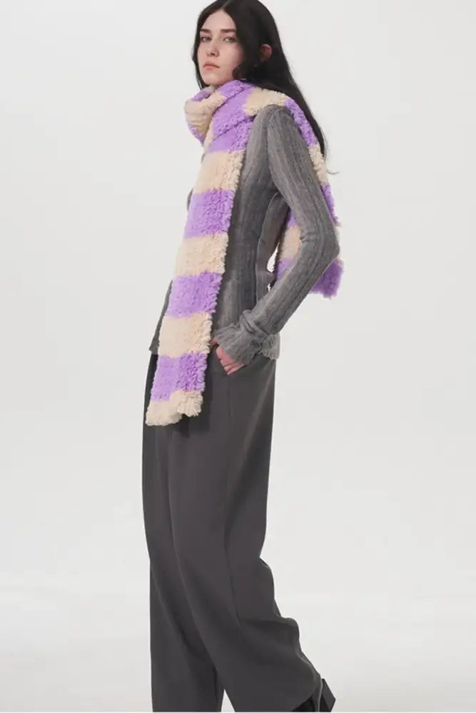 Violet Fuzzy Contrast Striped Scarf  - JLouren