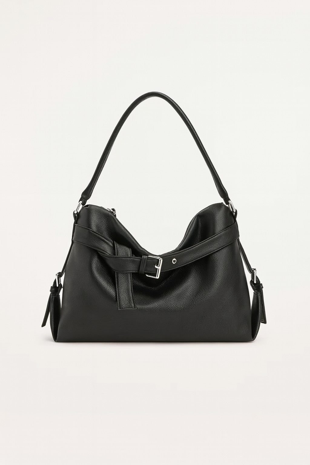 Black leather Decor Buckle hobo bag with silver buckle, tassel, size actual height