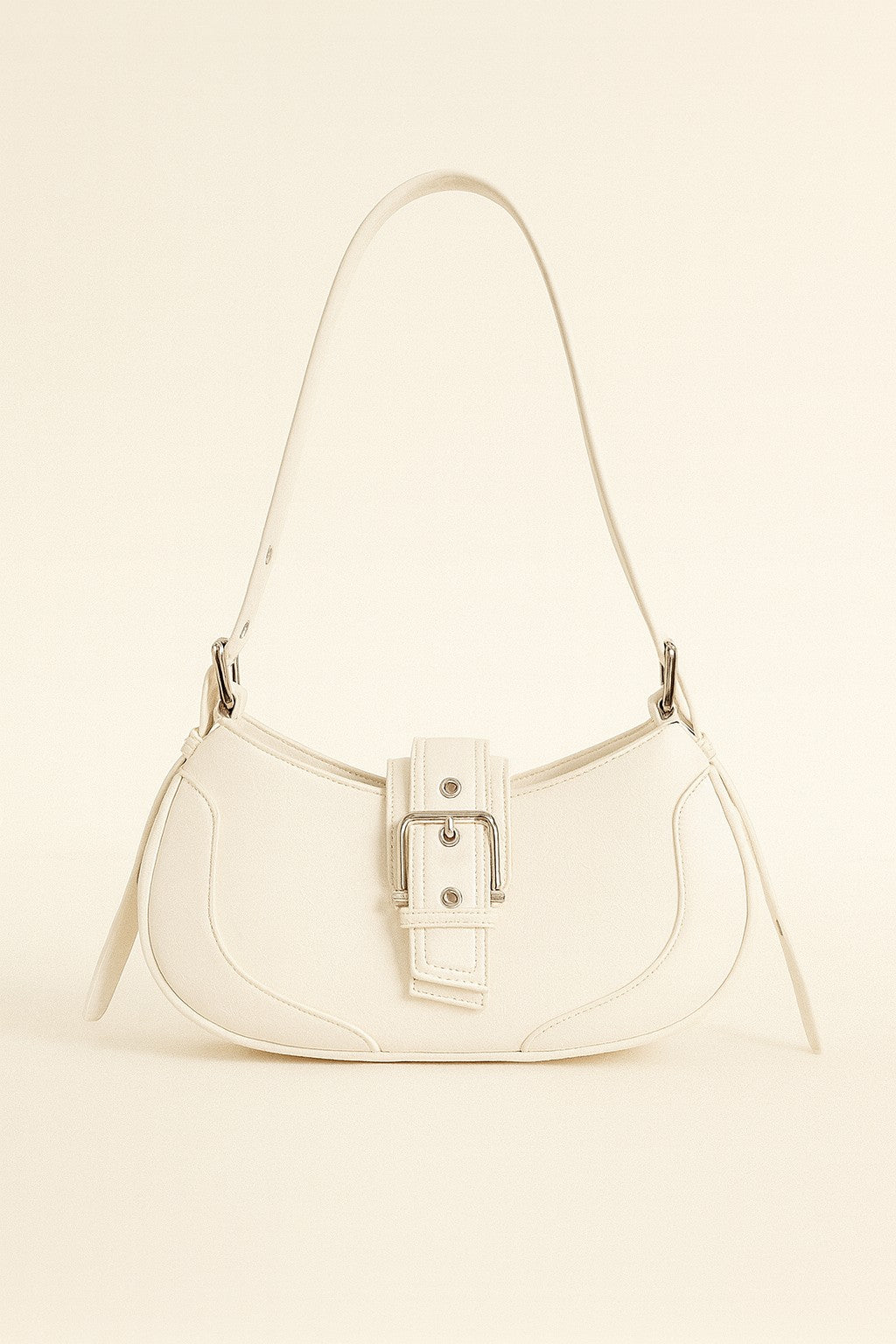 Sleek white leather Buckle Adjustable Strap Shoulder Bag with silver buckle