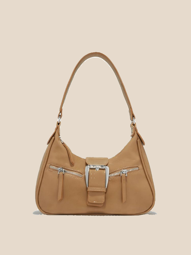 Tan leather Fame Large Buckle Triple Zipper hobo bag