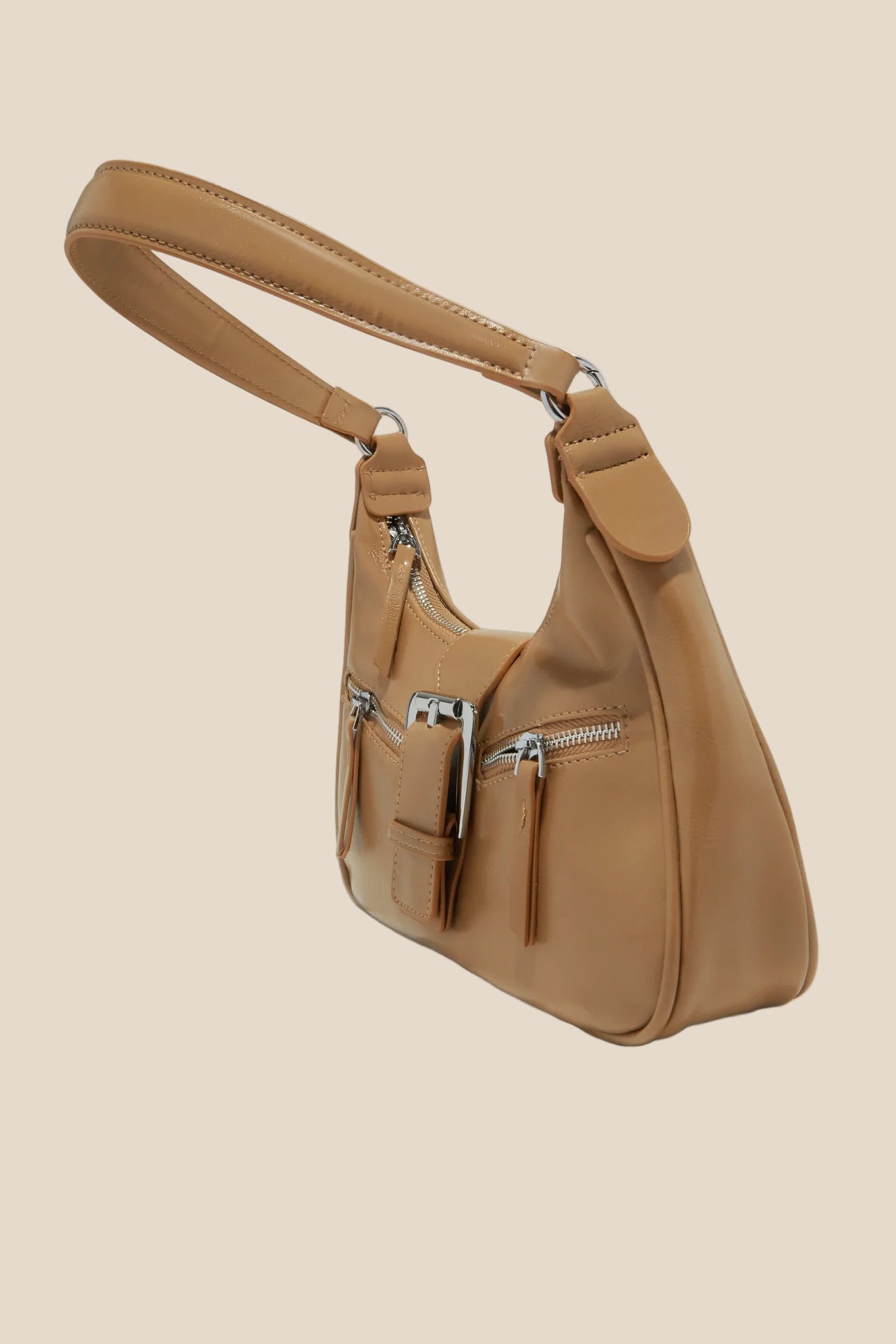 Tan leather Fame hobo bag with silver zippers and buckle