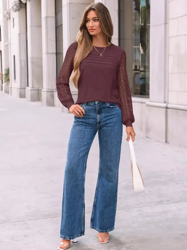 Women Crew Neck Lace Sleeve Blouse | JLouren