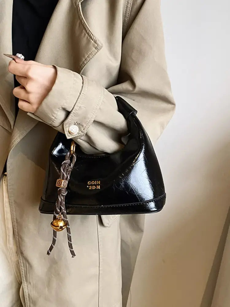 Women's  Black Leather Crossbody Bag with Charm