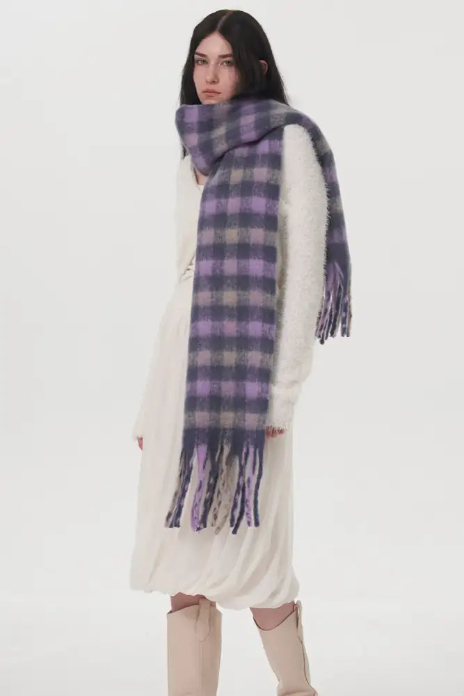 Lilac Fringe Plaid Polyester Scarf - JLouren