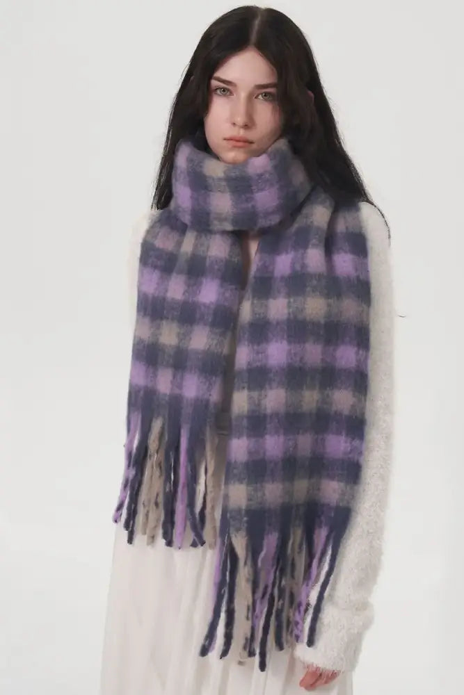 Lilac Fringe Plaid Polyester Scarf - JLouren