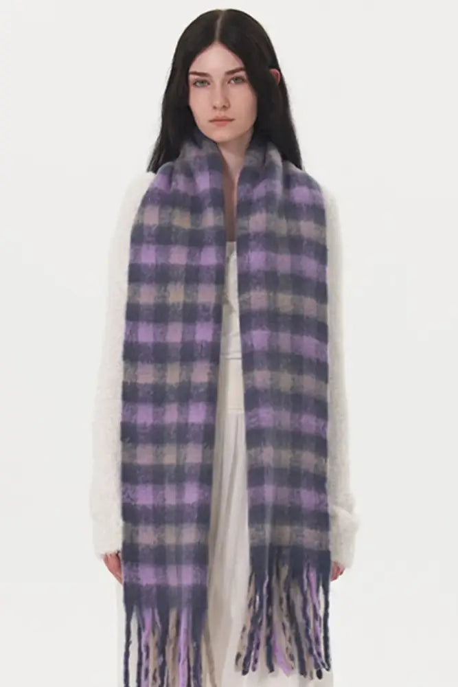 Lilac Fringe Plaid Polyester Scarf - JLouren