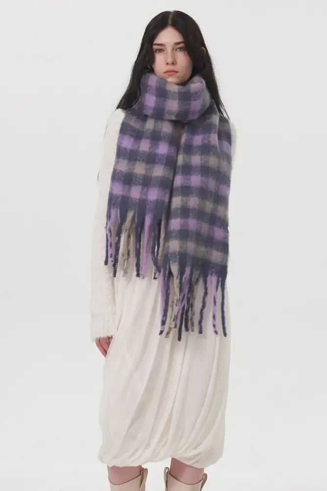 Lilac Fringe Plaid Polyester Scarf - JLouren