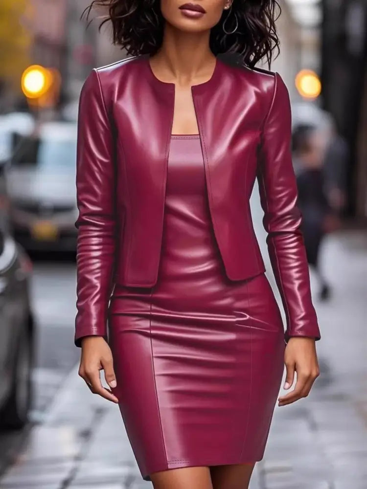 Women’s Faux Leather Jacket and Bodycon Dress Set
