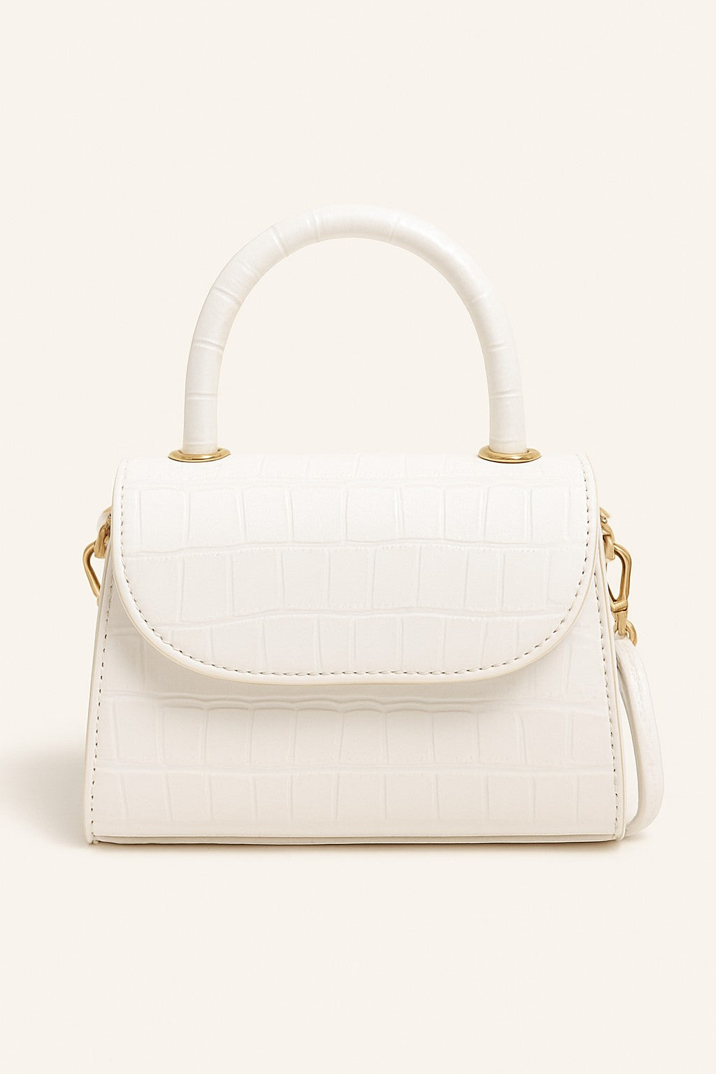 White croc-embossed mini handbag with gold hardware and curved handle