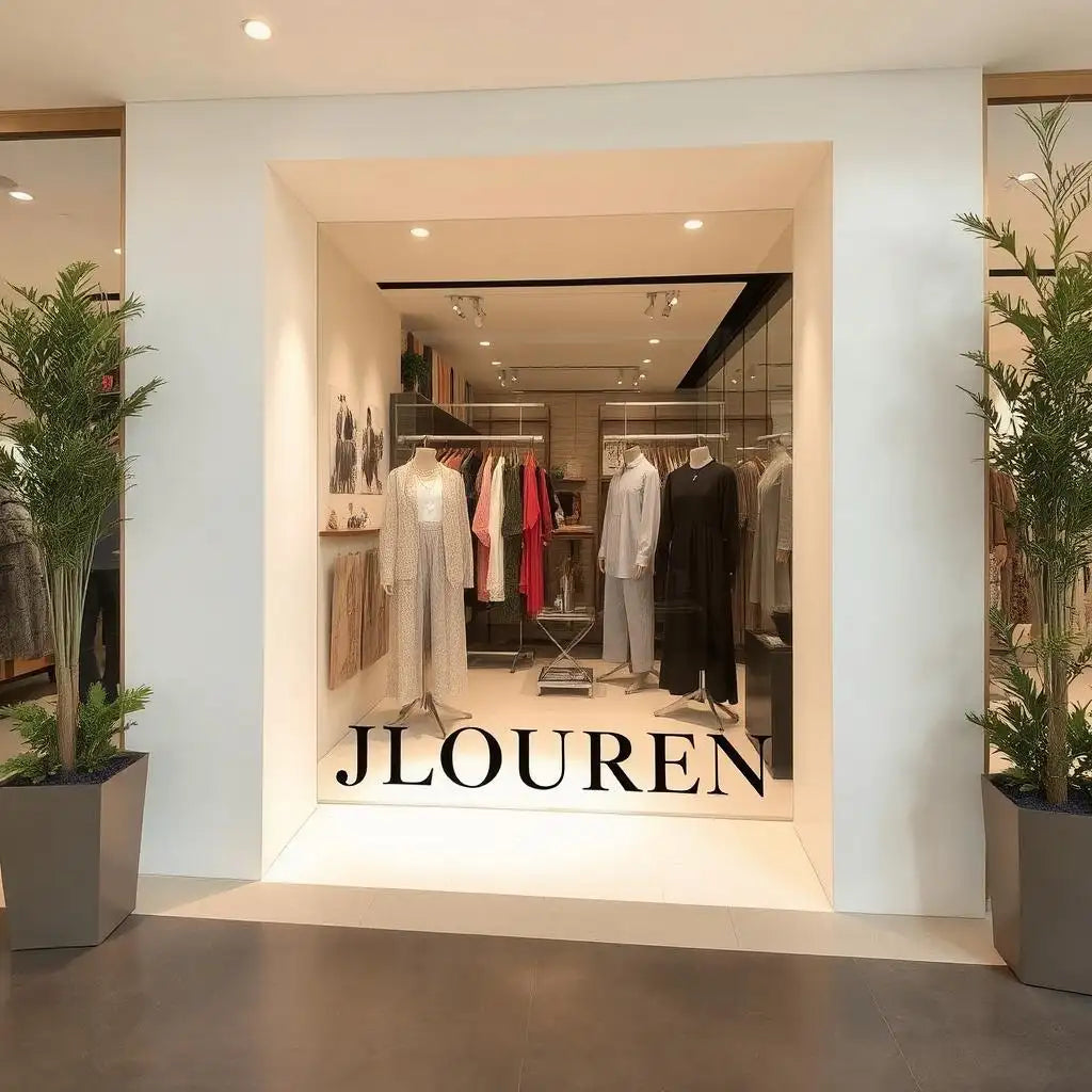 White minimalist clothing store front with black lettering and modern design.