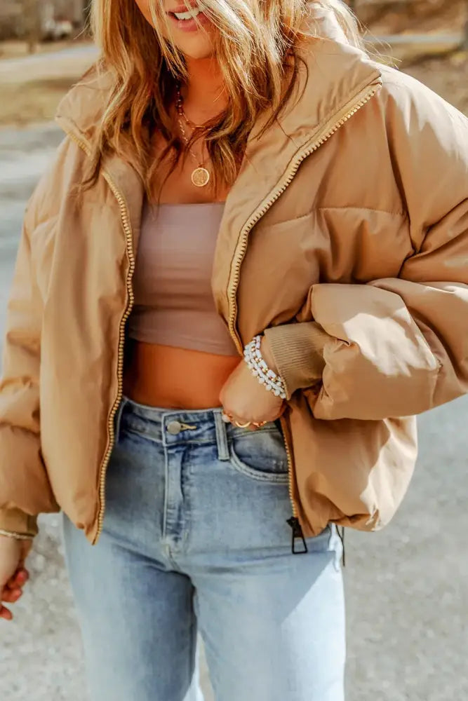 Women Zip Up Collared Neck Puffer Coat with Pockets - JLouren